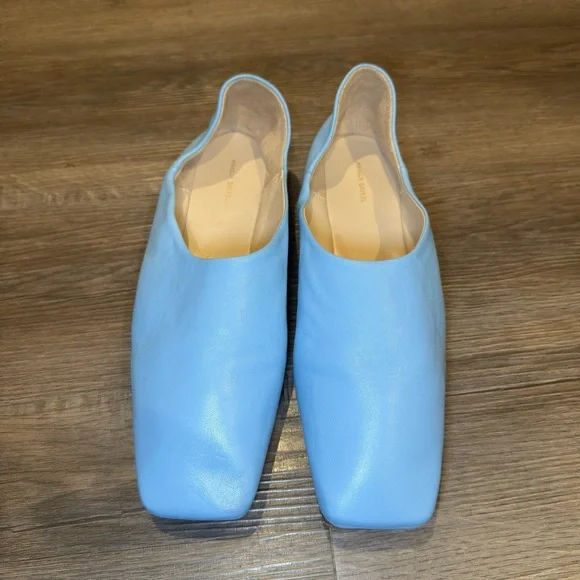 Mansur Gavriel Moroccan Babouche Blue Square Toe Leather Flats - Picture 2 of 10